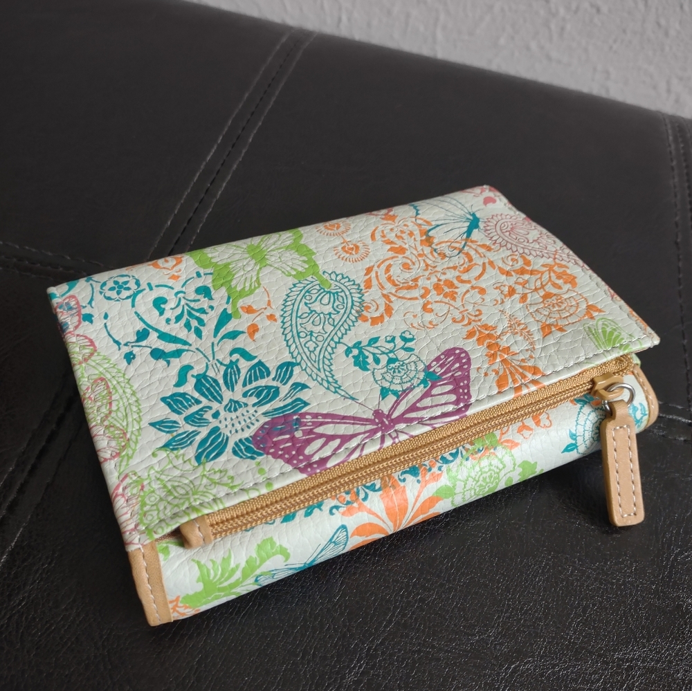 Fossil Genuine Leather Butterfly Floral Print Trifold Wallet - Picture 7 of 11